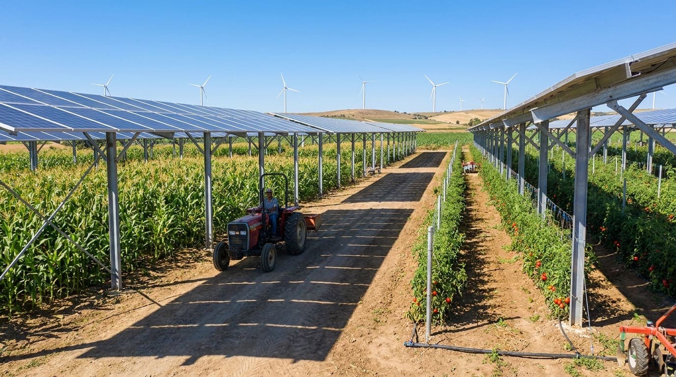 Agri-Photovoltaik über landwirtschaftlicher Fläche, Symbolfoto