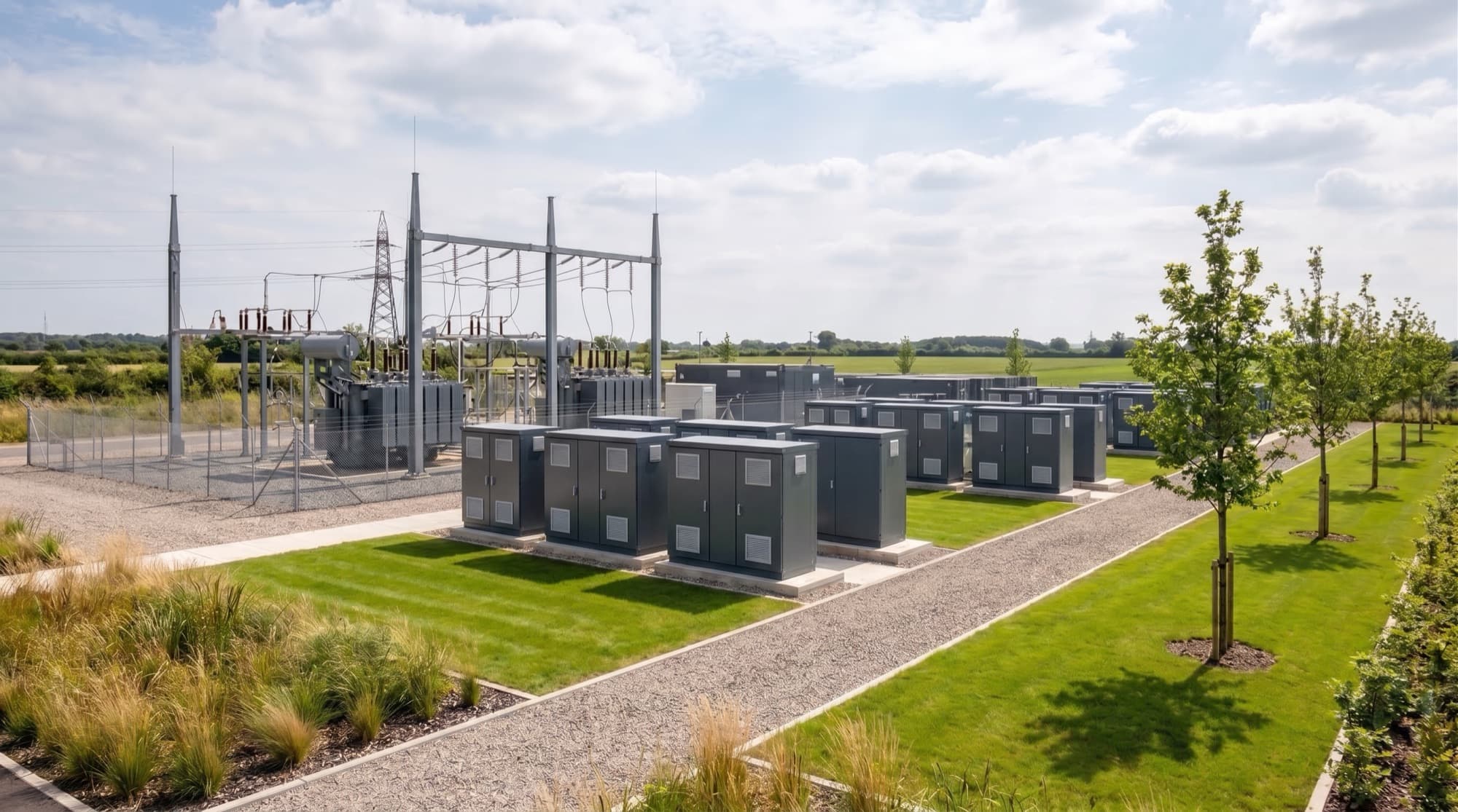 Großbatteriespeicher-Park an einem Umspannwerk, Symbolfoto
