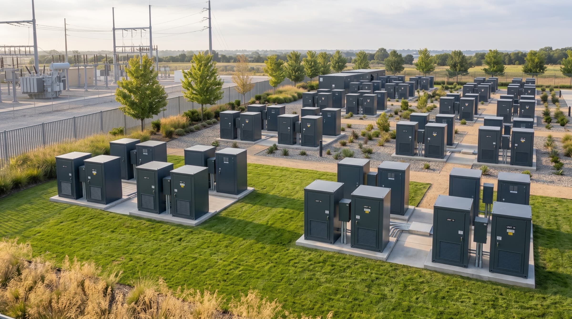 Batteriespeicher-Container neben einem Umspannwerk, Symbolfoto