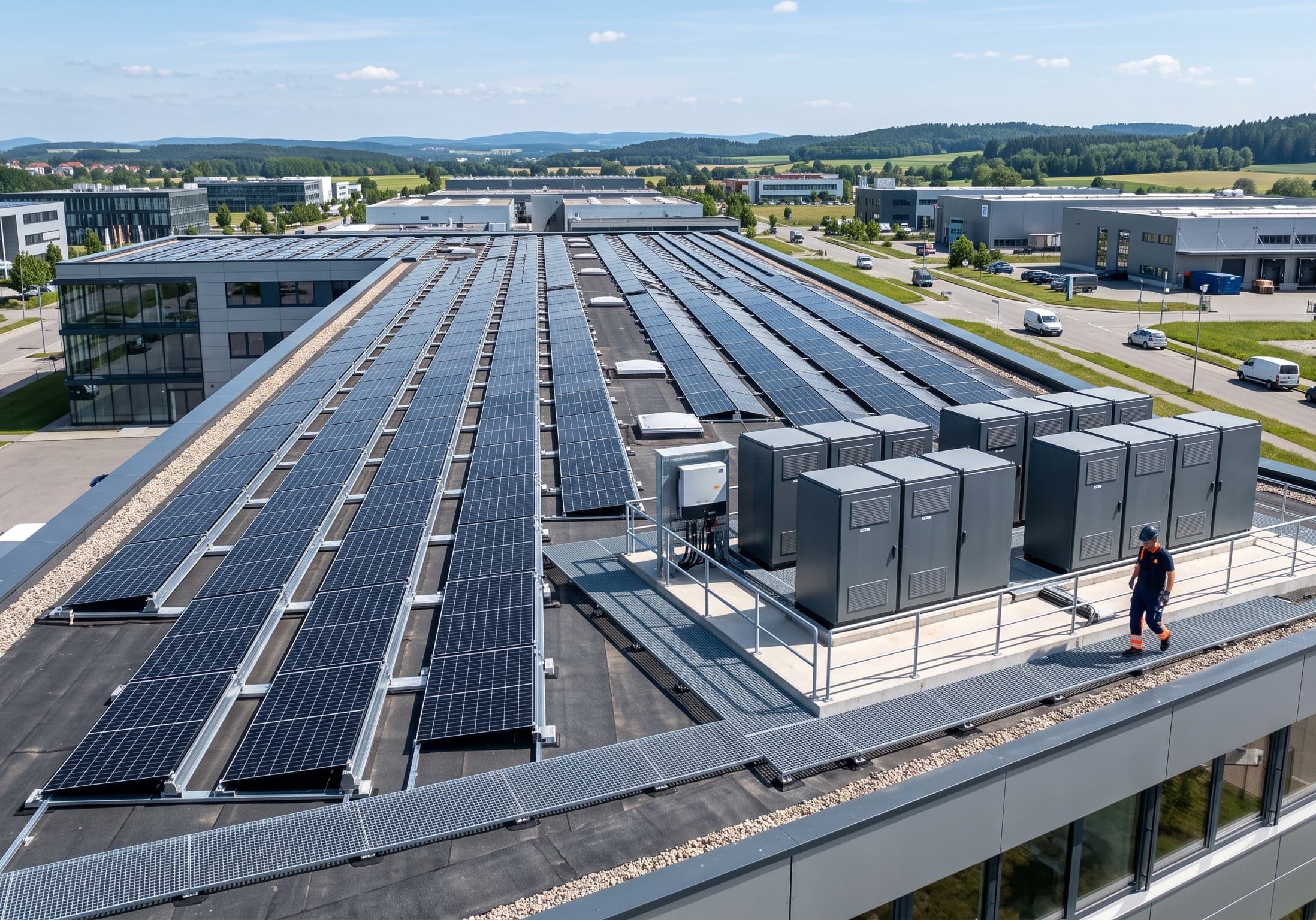 Aufdach-Photovoltaik mit Batteriespeichern auf einem Gewerbedach, Symbolfoto