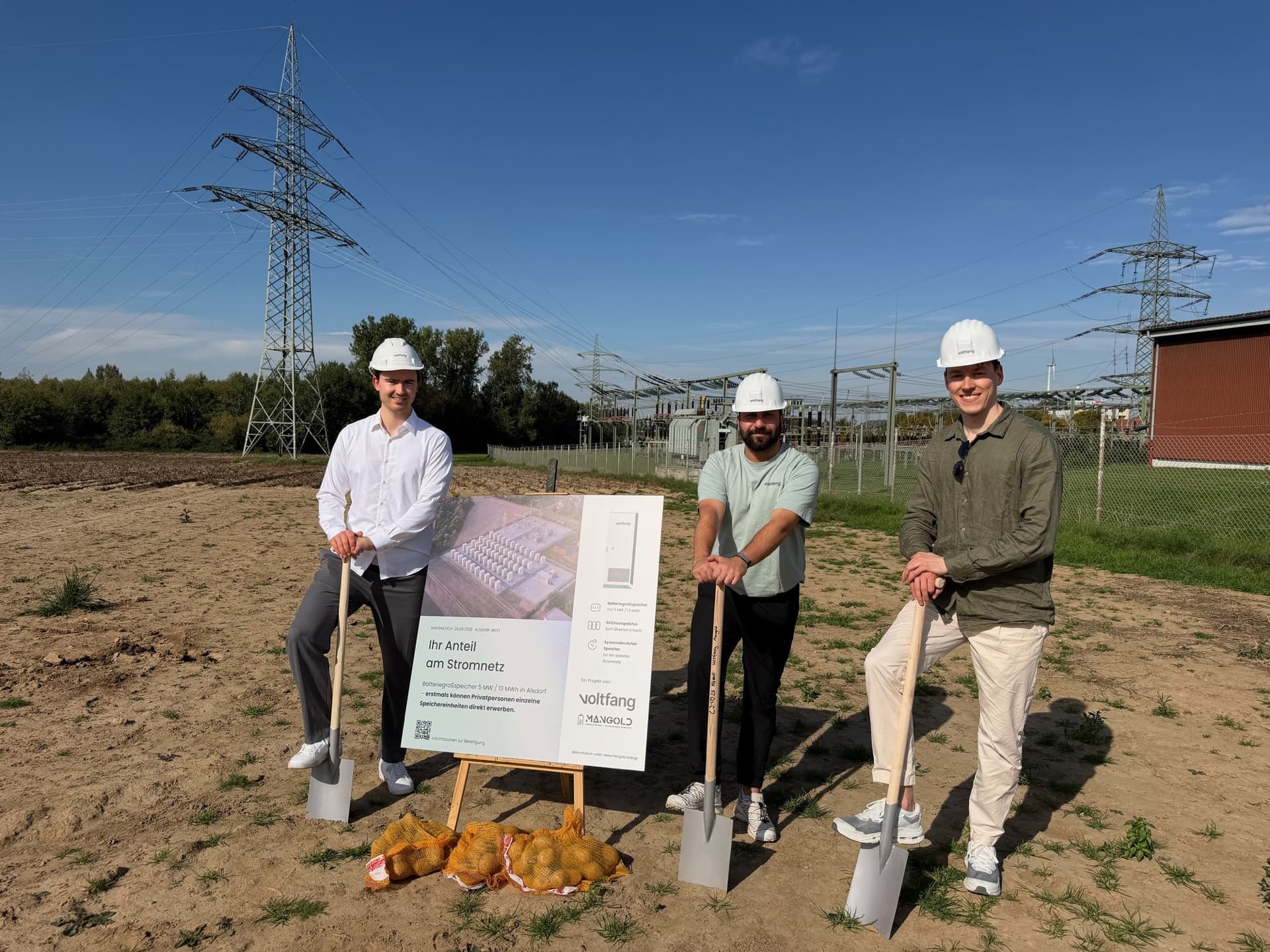 The founders of Copernica Partners with spades and the site sign at the ground-breaking of the battery storage project in Alsdorf West