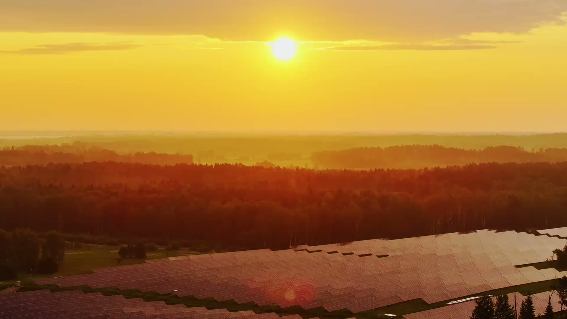 Luftaufnahme eines Solarparks bei Sonnenuntergang