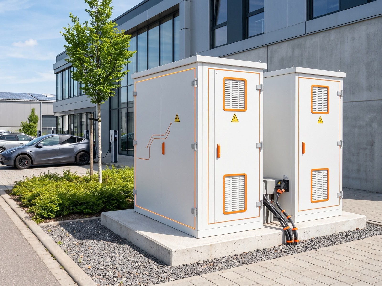 Zwei Batteriespeicher-Schränke an einem Gewerbegebäude, Symbolfoto